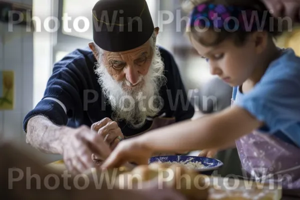 סבא וסבתא מלמדים נכדים לאפות חלה, ממדינת ישראל. זָקָן, בן אנוש, קהילה