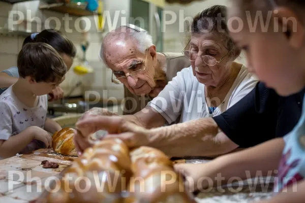 סבא וסבתא מלמדים נכדים לאפות חלה, ממדינת ישראל. שיתוף, אירוע, הַנדָסָה