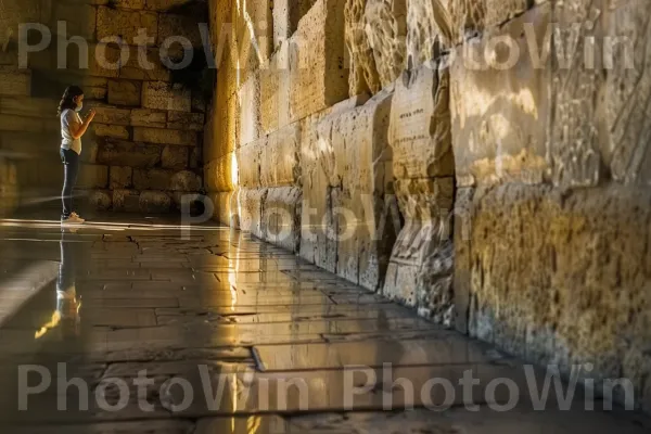 אישה מתפללת בכותל בהשתקפות שקטה, ממדינת ישראל. מים, רַצָפוּת, גוונים וגוונים