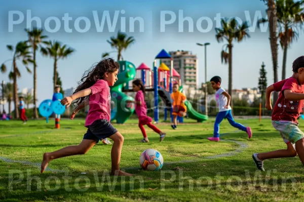 ילדים משחקים כדורגל בפארק תל אביבי, ממדינת ישראל. כדורגל, כדורגל, עֵץ