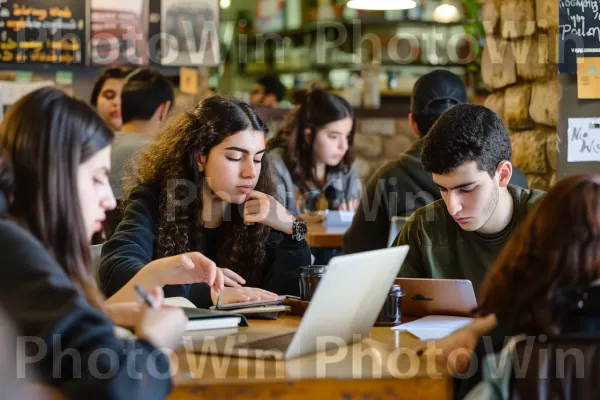 קבוצת סטודנטים לומדת יחד בבית קפה שוקק, ממדינת ישראל. מחשב אישי, משקפיים, צרכן