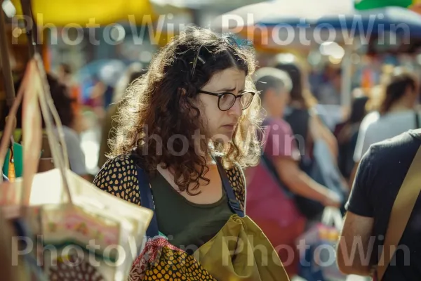 אישה עושה קניות בשוק חוצות שוקק, מתמקחת על מבצעים, ממדינת ישראל. אופנה, צהוב, משקפיים