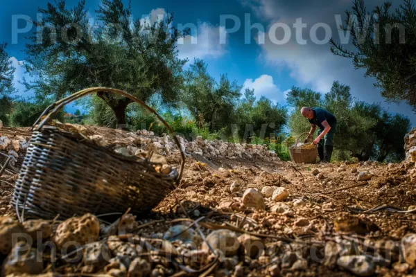 חקלאי מסיק זיתים בכפר, ממדינת ישראל. ענן, עץ, עֵץ