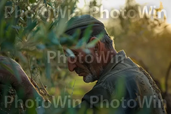 חקלאי מטפל במטעי הזיתים שלו ברמת הגולן, ממדינת ישראל. אנשים בטבע, צִמחִיָה, משפחת דשא