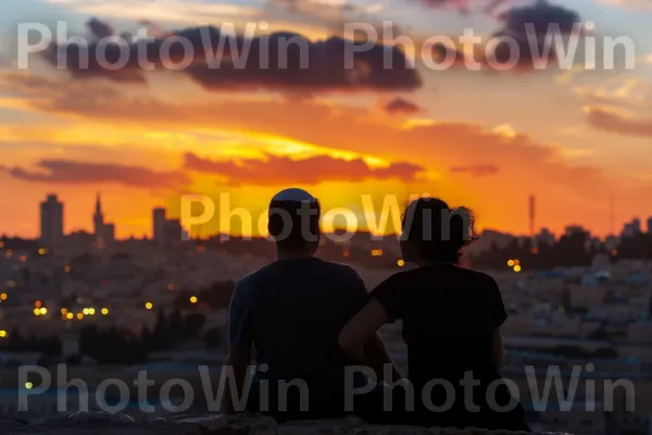 זוג צעיר צופה בשמש השוקעת מעל ירושלים, ממדינת ישראל. ענן, שָׁמַיִם, אַטמוֹספֵרָה