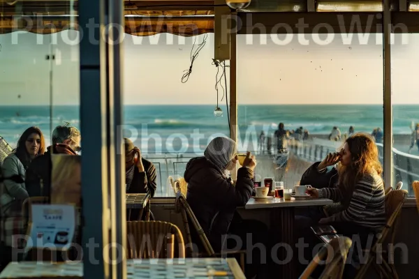 קבוצת חברים לוגמת קפה בבית קפה תל אביבי, ממדינת ישראל. בגדים עליונים, מעיל, אופנה