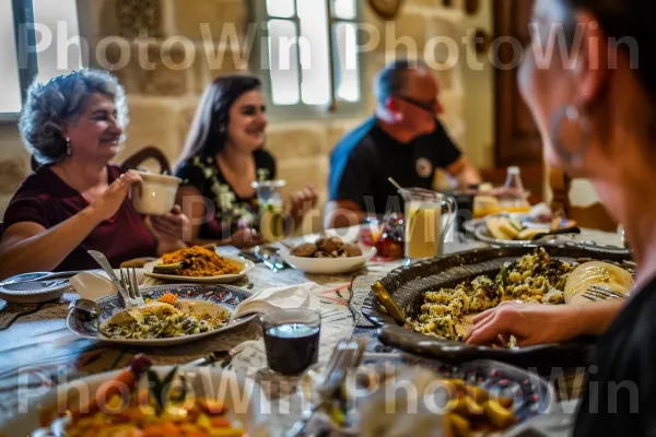 קבוצת חברים נהנית יחד מארוחה ספרדית מסורתית ממדינת ישראל. מזון, כלי שולחן, צַלַחַת