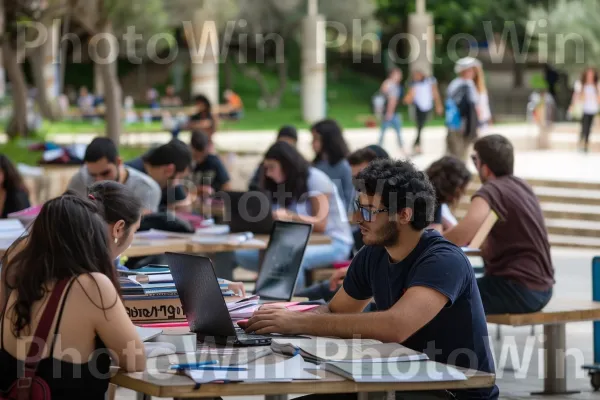 קבוצת סטודנטים הלומדים יחד באוניברסיטה בתל אביב, ממדינת ישראל. מַחשֵׁב, רְהִיטִים, מחשב אישי