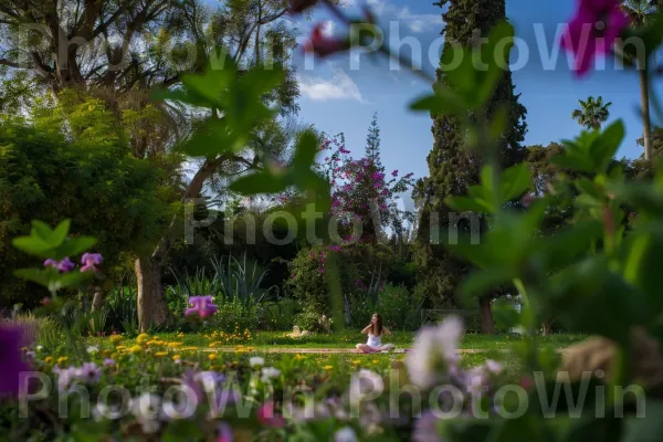 אישה מתרגלת יוגה בפארק תל אביבי שופע, ממדינת ישראל. פֶּרַח, ענן, בּוֹטָנִיקָה