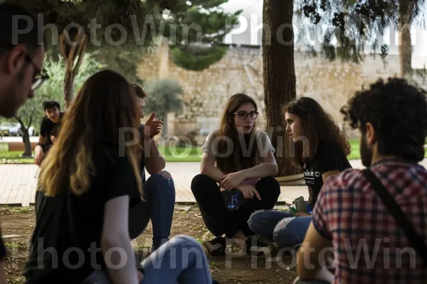 קבוצת סטודנטים עמוק בדיון בקמפוס באוניברסיטה, ממדינת ישראל. שיער, עֵץ, מזוודות ותיקים