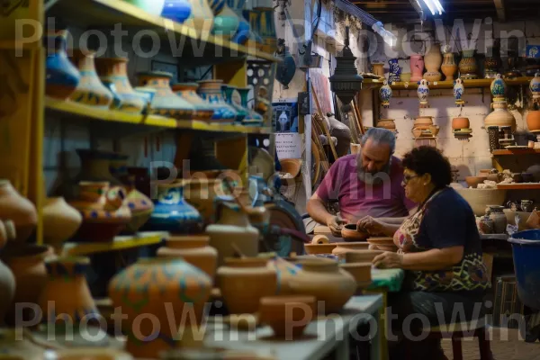 קבוצת אומנים העוסקים במלאכת כלי חרס מורכבים בטבריה, ממדינת ישראל. צרכן, שׁוּק, מַדָף