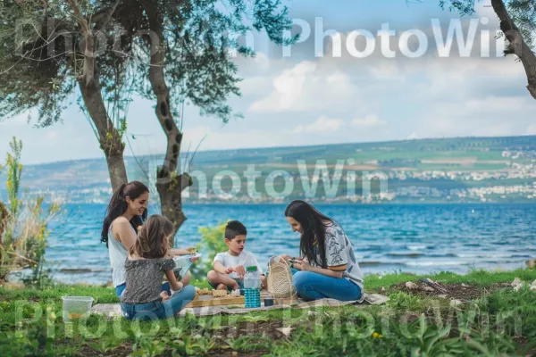 משפחה נהנית מפיקניק ליד הכנרת, ממדינת ישראל. צמח, צבע תכלת, נוף טבעי