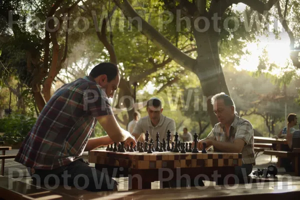 קבוצת גברים משחקים שחמט בפארק, ממדינת ישראל. שולחן, עֵץ, פְּנַאִי