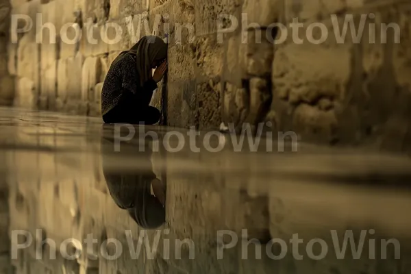 אישה מתפללת בכותל בהשתקפות שקטה, ממדינת ישראל. רַצָפוּת, גוונים וגוונים, שָׁמַיִם