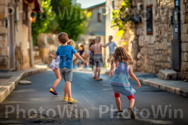 ילדים משחקים ברחובות כפר מוזר בגליל, ממדינת ישראל. מִכְנָסַיִים קְצָרִים, שַׂמֵחַ, אנשים בטבע