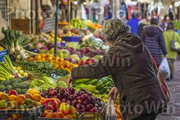 אישה קונה תוצרת טרייה בשוק שוקק חיים בנצרת, ממדינת ישראל. מזון, פרי, מזון מלא