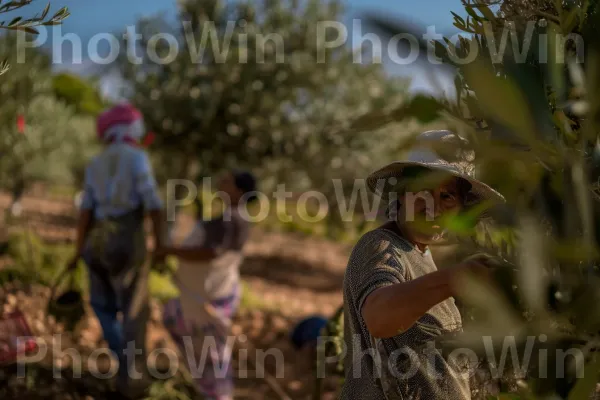 חקלאים מטפלים במטעי הזיתים שלהם בכפר, ממדינת ישראל. קהילת צמחים, כובע, דֶשֶׁא