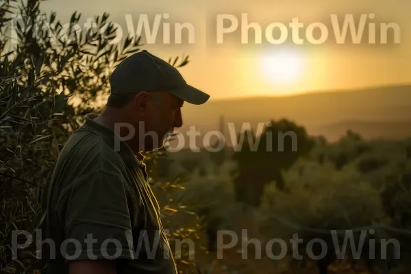 חקלאי מטפל במטע הזיתים שלו בגליל, ממדינת ישראל. שָׁמַיִם, כובע, צילום פלאש