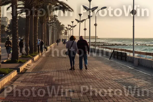 זוגות מטיילים יד ביד בטיילת תל אביב, ממדינת ישראל. שָׁמַיִם, צמח, תַשׁתִית