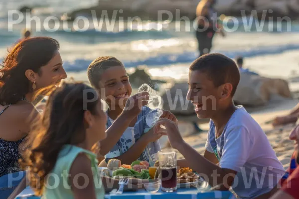 משפחה נהנית מפיקניק בחוף הים, ממדינת ישראל. בן אנוש, אנשים על החוף, שַׂמֵחַ