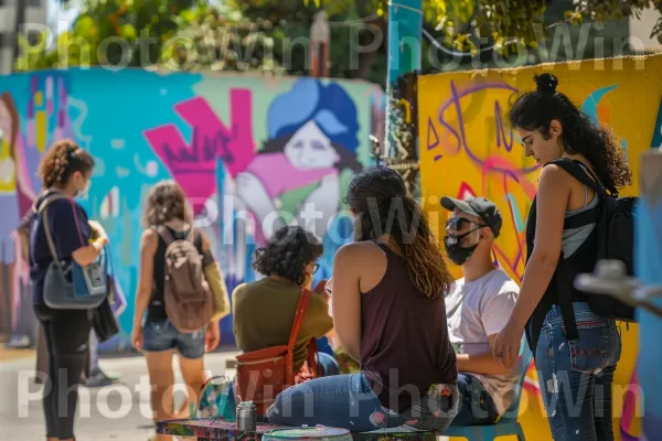 אמנים מציירים ציורי קיר תוססים בשכונת פלורנטין, ממדינת ישראל. שְׁעוֹת הַיוֹם, בן אנוש, אמן