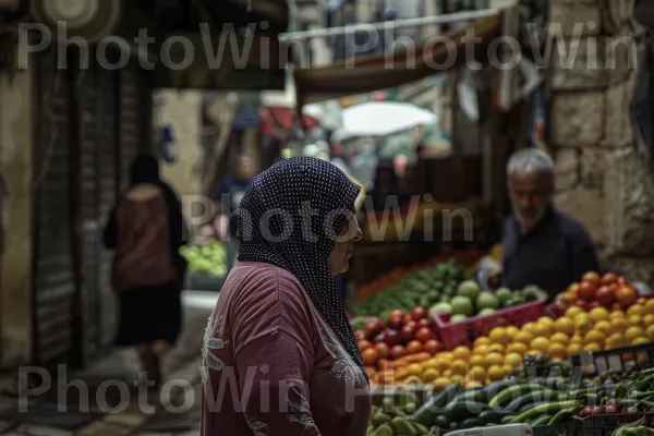 אישה קונה תוצרת טרייה בשוק שוקק חיים בנצרת, ממדינת ישראל. מזון, מזונות טבעיים, רוֹכֵל