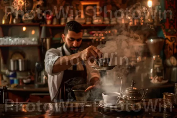 בריסטה מכין כוס קפה טורקי מהביל, ממדינת ישראל. כלי שתייה, שולחן, כלי הגשה