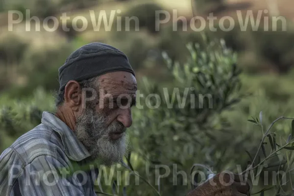 חקלאי מטפל במטעי הזיתים שלו ברמת הגולן, ממדינת ישראל. זָקָן, שפם, צמח