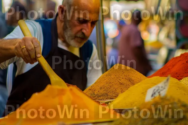 חנווני מוכר תבלינים מסורתיים בעיר העתיקה בירושלים, ממדינת ישראל. כּוּרכּוּם, צהוב, מזון