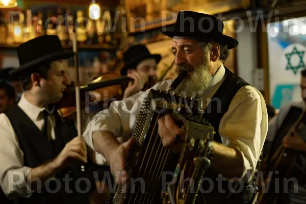 מוזיקאים מנגנים מוסיקת כליזמרים מסורתית בבר, ממדינת ישראל. כובע, אירופון ריד חינם, כלי נגינה