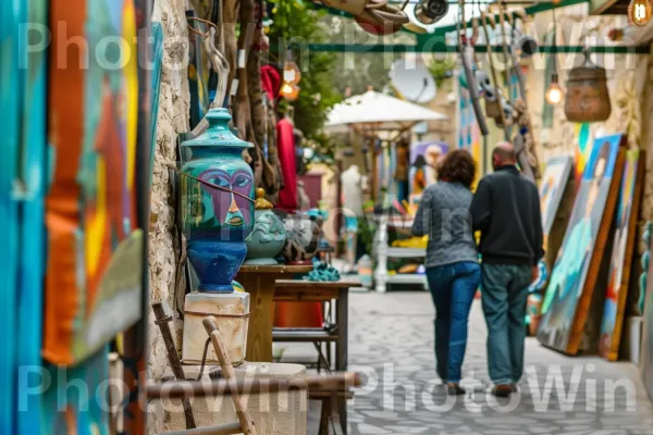 זוג מטייל במושבת האמנים בצפת, ממדינת ישראל. בית המקדש, שׁוּק, בוקר