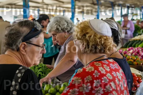 נשים קונות תוצרת טרייה בשוק הומה, ממדינת ישראל. תסרוקת, משקפיים, קהילה