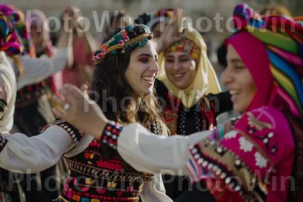 קבוצת נשים רוקדות בחגיגה, ממדינת ישראל. חיוך, שַׂמֵחַ, מחווה