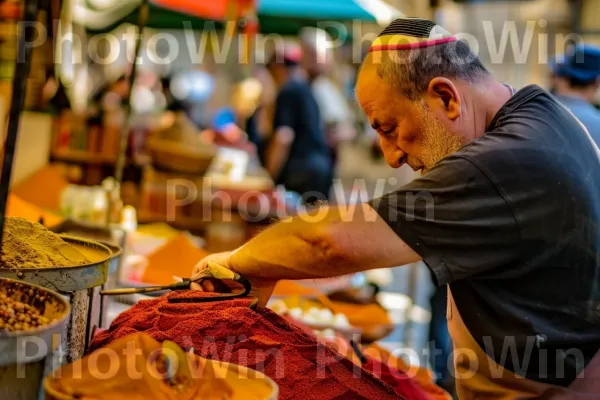 חנווני מוכר תבלינים מסורתיים בעיר העתיקה בירושלים, ממדינת ישראל. כתום, רוֹכֵל, מִטְבָּח