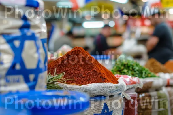 שוק ירושלים שוקק קונים, תבלינים צבעוניים בתצוגה, ממדינת ישראל. מַרכִּיב, מזונות טבעיים, שׁוּק