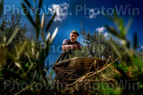 חקלאי מסיק זיתים בכפר, ממדינת ישראל. צמח, שָׁמַיִם, חַקלָאוּת