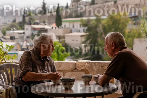 שכנים מבוגרים משוחחים על קפה בירושלים, ממדינת ישראל. רְהִיטִים, עֵץ, פְּנַאִי