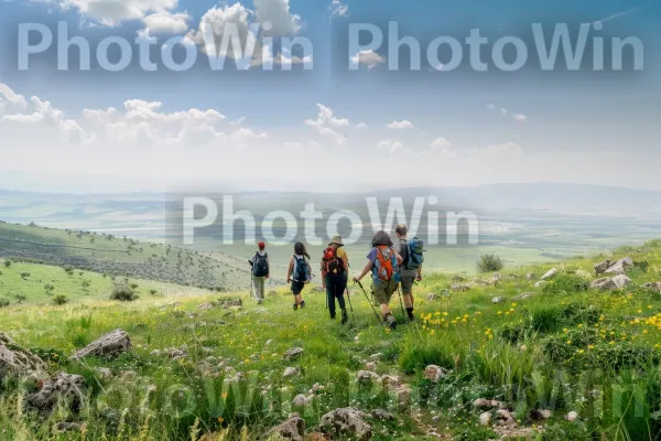 קבוצת חברים מטיילת ברמת הגולן, ממדינת ישראל. צמח, פֶּרַח, אנשים בטבע