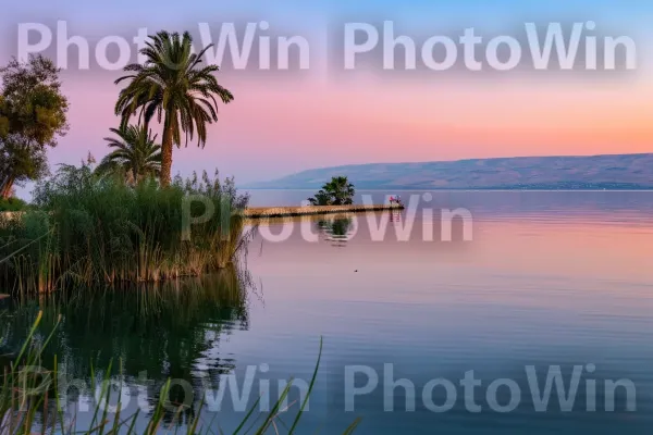 נוף נופי של הכנרת בשקיעה, ממדינת ישראל. מים, ענן, זוהר לאחר