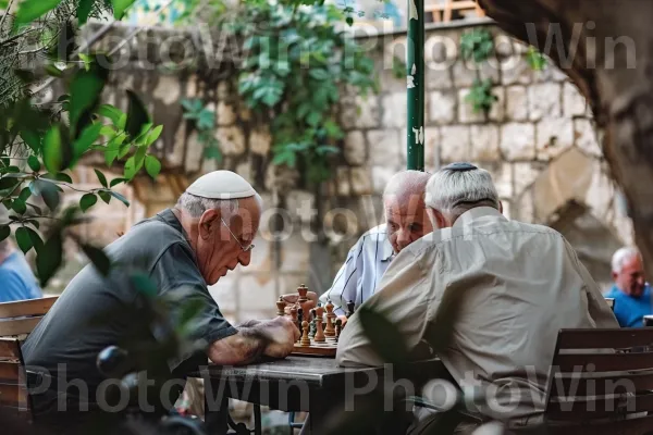 גברים מבוגרים העוסקים במשחק שחמט תוסס, ממדינת ישראל. רְהִיטִים, שולחן, ז\'קֵט