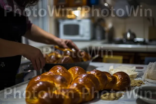 אישה אופת לחם חלה במטבחה, ממדינת ישראל. חלה, מַרכִּיב, מזון בסיסי