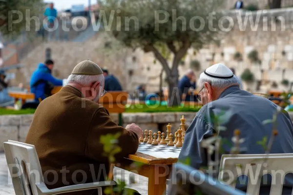 קשישים התאספו למשחק שחמט בירושלים, ממדינת ישראל. צמח, כִּסֵא, עֵץ