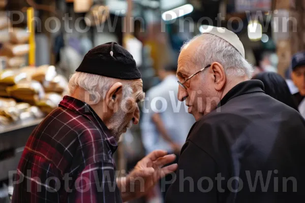 חברים ותיקים חולקים סיפורים בשוק ירושלמי שוקק חיים, ממדינת ישראל. מחווה, טרטן, מזון