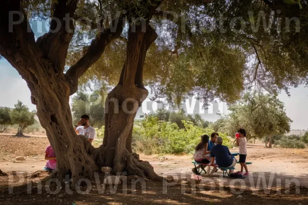 משפחות בפיקניק בצל עץ זית רחב ידיים, ממדינת ישראל. שָׁמַיִם, אנשים בטבע, בית המקדש