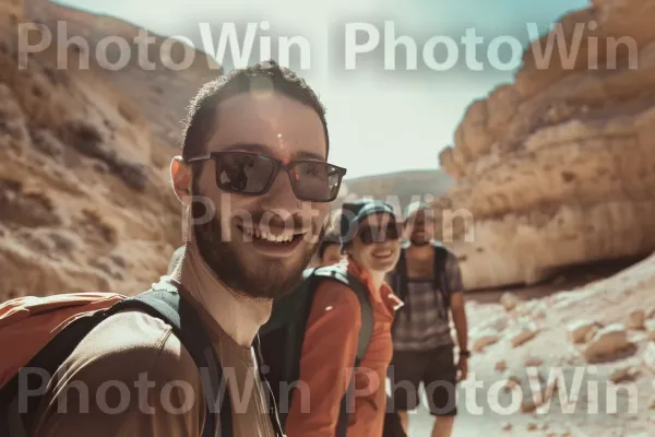 קבוצת חברים מטיילת במדבר, ממדינת ישראל. חיוך, שָׁמַיִם, משקפיים