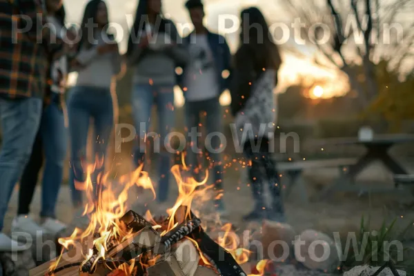 קבוצת חברים התאספה סביב מדורה, ממדינת ישראל. מְדוּרָה, אֵפֶר, לֶהָבָה