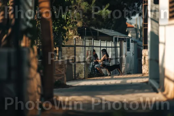 שכנים מפטפטים מעל גדר בפרבר שקט של תל אביב, ממדינת ישראל. צמיג, עֵץ, אַספַלט