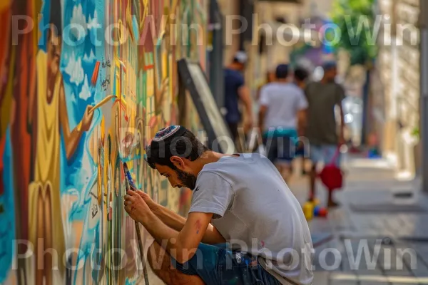 אמנים מציירים ציורי קיר צבעוניים על קירות סמטה עירונית, ממדינת ישראל. עוֹמֵד, עץ, פְּנַאִי