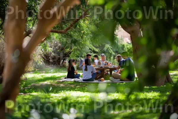 משפחות בפיקניק בגנים השופעים של עין גדי, ממדינת ישראל. עֵץ, צֵל, צמח עצי