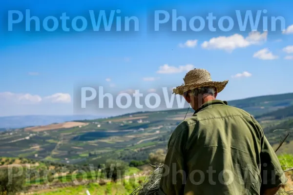 חקלאי מסיק זיתים בהרי הגליל, ממדינת ישראל. ענן, צמח, כובע שמש